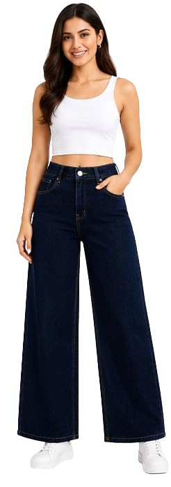 Women's High Waist Wide Leg Jeans, Dark Blue Denim, Relaxed Fit, Casual Style-picture-35