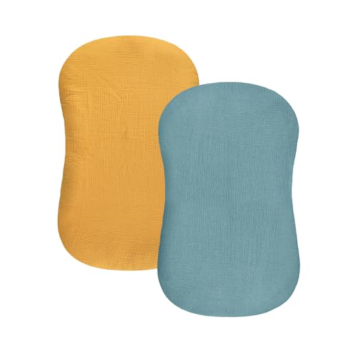 Image of Hooyax Baby Lounger Cover 2 Pack - 100% Muslin Cotton Newborn Lounger Pillow Covers Only, Soft Breathable Infant Lounger Cover with Reinforced Stitching, Fits Most Standard Baby Loungers (Blue Ginger)