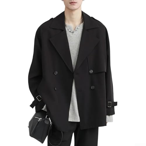 Chaqueta cortavientos corta con solapa de doble botonadura para hombre, estilo informal, de negocios, ajuste holgado, color negro, caqui, manga larga, poliéster regular, M-3XL, para primavera (3XL