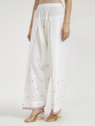 Image of FIORRA Women Light Pink Floral Printed & Embroidered Pure Cotton Straight Kurta with Farshi Salwar