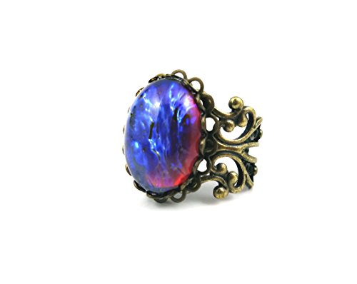 Little Gem Girl Synthetic Mexican Opal Czech Glass Dragons Breath Ring Red Blue Fire Amulet Adjustable Antique Bronze Filigree Setting