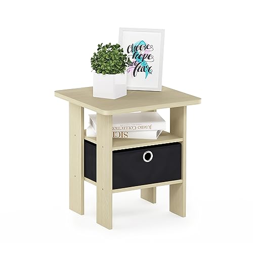 Image of Furinno ANDREY Square Side Table, End Table, Night Stand, Steam Beech | Open Shelves and Storage Bin, Bedside Table, for Living Room, Bedroom