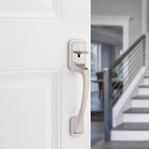 Image of Kwikset Prague Front Door Handle No Lock, Entry Handleset Exterior with Interior Door Knob, Non-Locking, Satin Nickel, Deadbolt Not Included, with Microban Protection