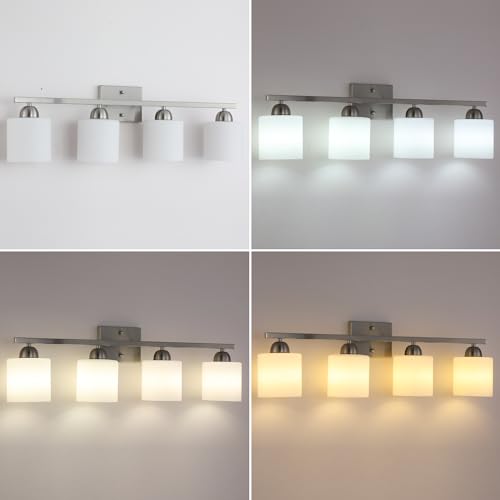 Image of Mecgirn Stainless Steel Milk Glass Vanity Lights for Bathroom, 4 Light Brushed Nickel Bathroom Light Fixtures Over Mirror, Ceramic E26 Sockets Wall Mounted