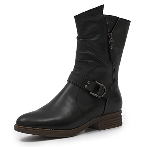 Mona flying Women's Comfort Mid Calf Leather Booties Inside zip Fashion Round Toe Biker Boots Low Heel Dress Engineer Boots