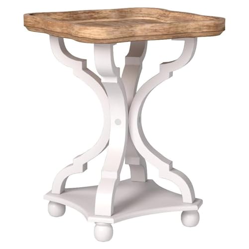 Square End Table with Rustic Wood Tray Top and White Curved Legs,...