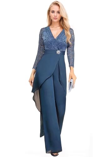 2 Pieces Mother of The Bride Pant Suits for Wedding Long Sleeve Chiffon Lace V Neck Pant Suits for Women Dressy3