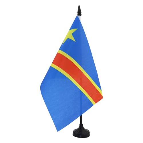 AZ FLAG - Drapeau De Table République Démocratique du Congo 21x14 cm - Petit Drapeau Congolais De Bureau 100% Polyester Avec Hampe De 25cm Et Socle En Plastique Noir