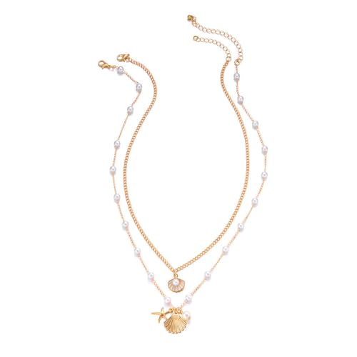 2 Stück Muschelkette,Layered Golden Muscheln Halsketten Sommer Schmuck,Schichtel-Perlen Einstellbare Muschelkette Damen,Süßen Muschel Schmuck Kette,für Frauen Sommer Strand Urlaub Surfer Party
