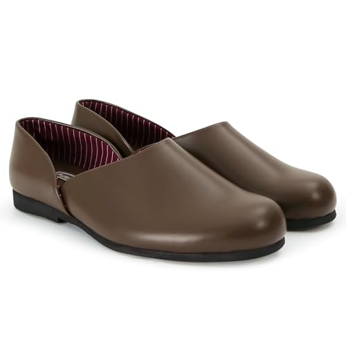 PAMIR Mens Leather Opera Slippers - Classic Indoor Outdoor House Shoes with Memory Foam Brown Size US 10 M