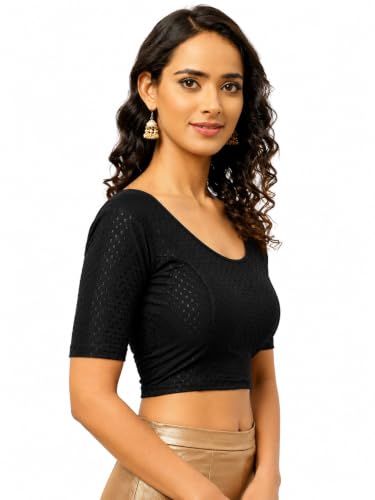 Image of Fressia Fabrics Pure Cotton 4-Way Stretch Readymade Blouse for Women | Free Size to 4XL Stretchable Round Neck Dobby Cotton Half Sleeve Readymade Saree Blouse for Women Stylish