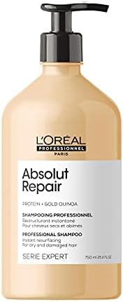 L'Oréal Professionnel Shampoo Absolut Repair, Repara Danos e Promove Brilho, Com Quinoa Dourada & Proteínas, Para cabelos secos e danificados, Toque leve e Macio, 750ml