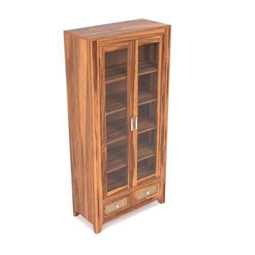 Image of Solid Sheesham Wood Book Cabinet with Acrylic Glass Doors | Rosewood Display Storage Unit with Shelves & Drawers for Home & Office | Louge (B-Honey)
