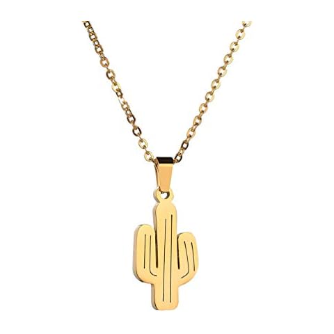 Houpotao Cactus Pendant Necklace Surgical Stainless Steel Lightweight Hypoallergenic Desert Plant Necklace for Boys and Girls (Gold) Cover