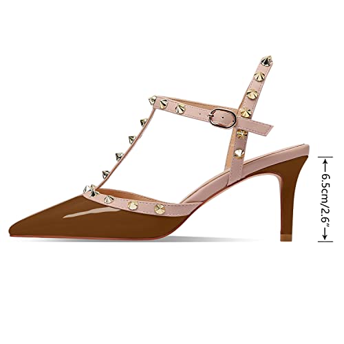 Image of XINIUNIU Studded Heels for Women Kitten Heels with Studs Stiletto Sandals with Rivet Ankle Strap Patent Leather Pointy Toe 2.5 Inch Party Daily Wear Evening Sandals