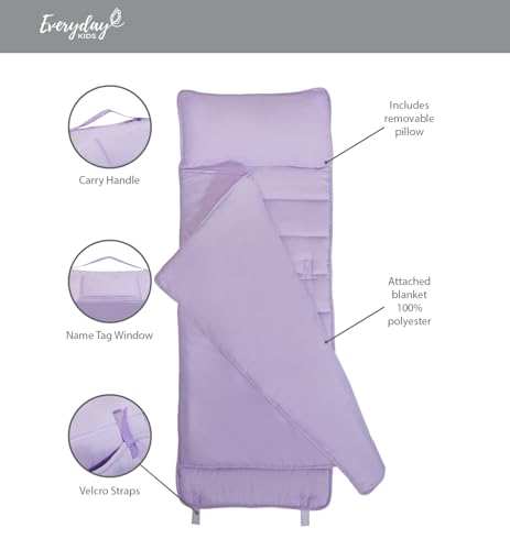 Image of EVERYDAY KIDS Nap Mat with Removable Pillow - Lavender - Carry Handle with Straps Closure, Rollup Design, Soft Microfiber for Preschool, Daycare, Travel Sleeping Bag - Ages 3-6 Years
