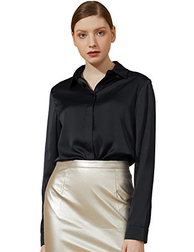 Escalier Women s Satin Silk Long Sleeve Button Down Shirt Casual Work Office Silky Blouse Top (Black, Small)