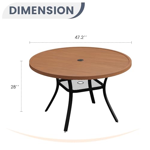 VICLLAX Round Patio Dining Table, 4-6 Person Metal Outdoor Dining Table with Umbrella Hole for Garden Lawn Deck, 47.2" Walnut