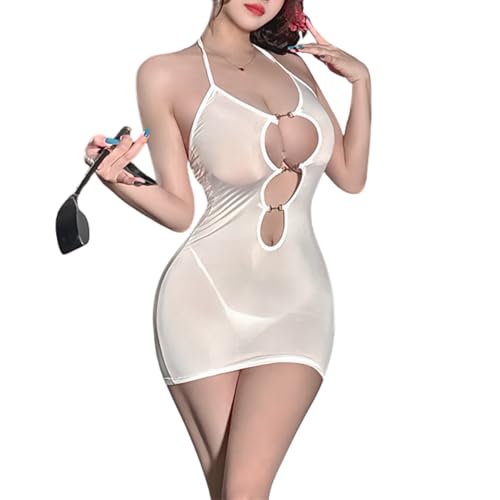 Damen Minikleid mit tiefem V-Ausschnitt, Neckholder, Slip, rückenfrei, Satin, sexy, seidig, Party, Club, figurbetonte Kleider (Weiß)