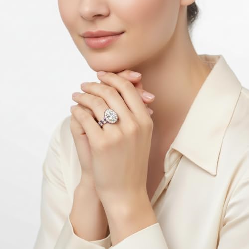 Image of Choose Your Gemstone Oval Halo Rollover Diamond CZ Wedding Ring Yellow Gold Plated Oval Shape Wedding Ring Sets Matching Jewelry Wedding Jewelry Easy to Wear Gifts US Size 4 to 12
