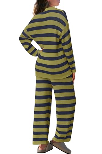 Image of SENSERISE Womens Striped Set Sweater Lounge Sets | Pajamas Set, Loungewear Set, Oversized Knit Sweater, Wide Leg Pants with Pockets, Fall Outfits, Pants Set