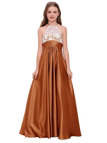 Lace Applique Junior Bridesmaid Dress for Wedding Kids Halter A-Line Flower Girl Dress Long Princess Pageant Prom Gown