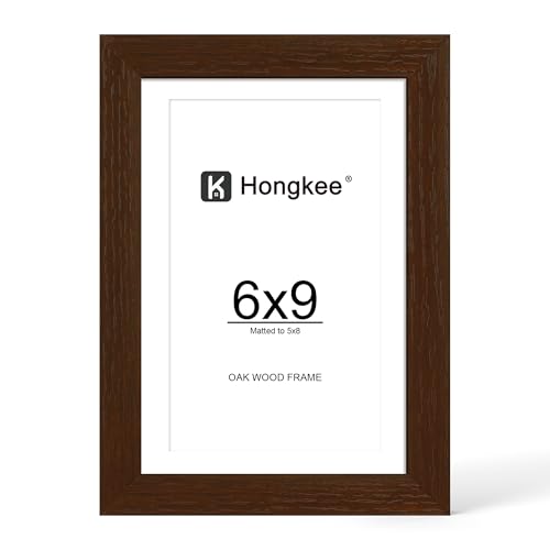 Hongkee 6x9 Oak Wood Picture Frame Display Photos 5 x 8 with Mat or 6 x 9 without Mat - Tempered Glass Cover Horizontal and Vertical Display for Wall or Tabletop (Walnut Set of 1)