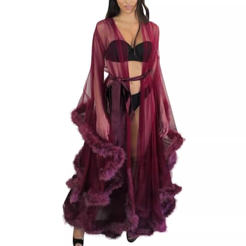 Image of Long Fur Tulle Robe for Women, Maternity Lingerie, Sexy Robe for Maternity Photoshoot