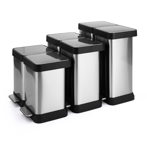 GarveeHome 16 Gallon Step-Open Dual Trash and Recycling Bin with Soft-Close Lid, Modern, Minimalistic for Home, Kitchen, Laundry Room, Office, Bedroom, Bathroom, Without Inner Bucket, 60L(2x30L)