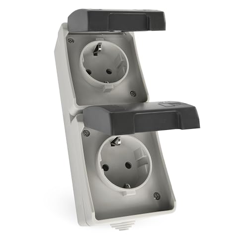 EMOS - Enchufe de 2 vías con protección de contacto con tapas abatibles - Montaje en superficie para montaje en pared vertical - Adecuado para ambientes húmedos y exteriores, 250 V~/16 A máximo, clase