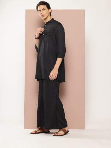 Image of See Designs Men's Long Sleeve Curved Hem Mandarin Collar Rayon Solid Pathani Sets