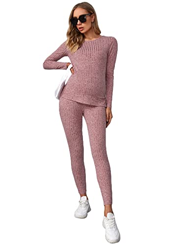 Image of SOLY HUX Women's Maternity Sets 2 Piece Outfits Long Sleeve Split Hem Top and Adjustable Elastic Waist Pants Light Pink S