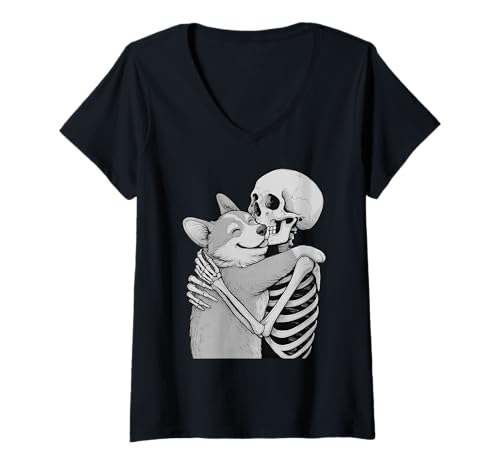 Womens Corgi Skeleton Hug Halloween Dog Lover V-Neck T-Shirt