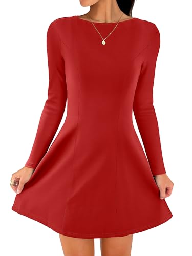 ANRABESS Women's Long Sleeve A-Line Mini Dress 2025 Fall Boat Neck Semi Formal Fit and Flare Casual Business Short Dresses Red Small