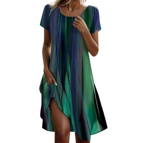 Boho Kleidung Damen, Damen Sommerkleid Lässig Sommer Boho Kleid Elegant Blumendruck Maxikleid Kurzarm A-Linie Strandkleid Festliche Kleider U-Ausschnitt Beach Tunika, Grün, M
