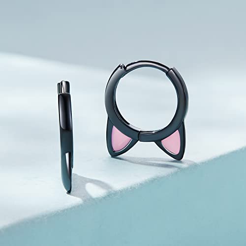 Kokoma Black Cat Small Hoop Earrings Sterling Silver 925 Cute Animal Pet Pink Ears Cartilage Tragus Earrings Tiny Round Huggie Hoops Statement Earrings Fashion Jewelry For Women Girls thumb #3
