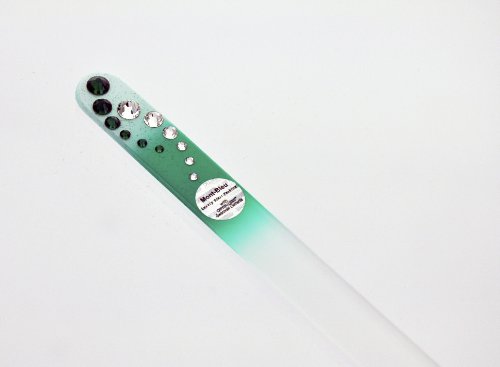 Genuine Czech, Etched, Crystal Glass, White/Green 5.5 Inch File with Comet Design Green/Clear Swarovski Crystals, Manicure/pedicure File