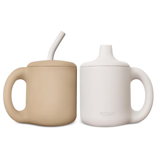 KIDSco. Silicone Sippy Cups (2 Pack) – Soft Spout/Straw & Open Training Cups for Babies 6+ Months | Easy Grip Handles, Unbreakable BPA-Free Silicone, Leak-Resistant, Dishwasher Safe (Oat and Tan)