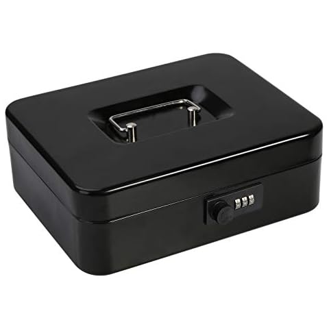 Safe Cash Box with Combination Lock, Decaller Medium Money Box with Money Tray Locking Storage Box, 9 4/5" x 7 4/5" x 3 1/2", Black Cover