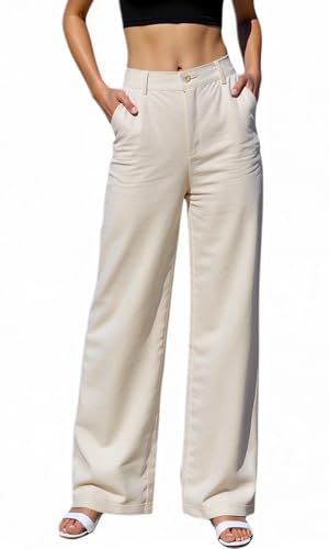 Beninos Women's Cotton Linen Summer Palazzo Pants Flowy Wide Leg Beach Trousers with Pockets