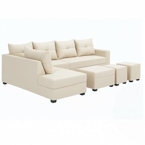 Image of SOCOZI Oriana 8 Seater LHS L Shape Sofa Set | Velvet Suede Fabric L Shape Sofa for Livingroom with 2 Ottoman & Centre Table | (Cream)