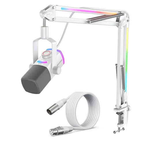 FIFINE Streaming Microphone Bundle, XLR/USB Dynamic Mic with RGB Boom Arm, Mute Tap, 3-in-1 Volume Knob &amp; Studio Quality 10ft XLR Cable for Gaming, Podcast,Recording, Home Studio Vocal-AM8PROTW+L9W