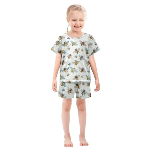 Pajama Short Sets Bee Colorful Pattern Soft Cotton Summer Sleepwear 2 Piece PJS Size 5-14T4