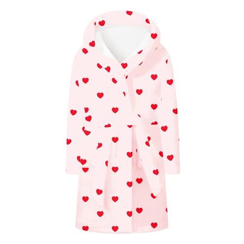Image of Robe for Girls, Plush Fuzzy Fleece Hooded Bathrobe Soft Absorbent Bath Robe Pool Cover up for Kids, Heart Light Pink, 9-10 Years = Tag 160
