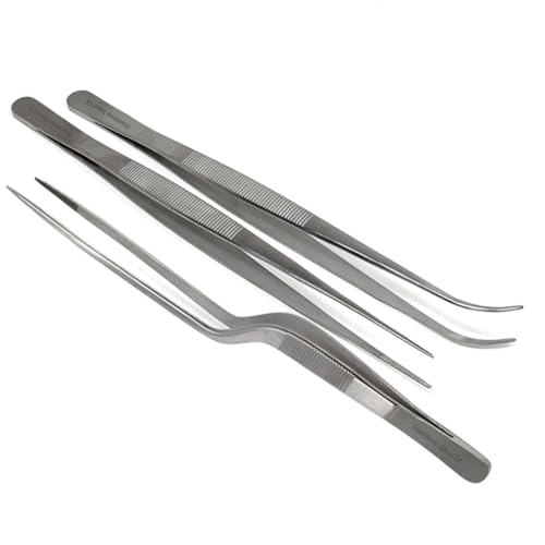 3 Pcs Precision Serrated Stainless Steel Lab Tweezers Straight & Offset Handle Forceps with Very Fine Points (8