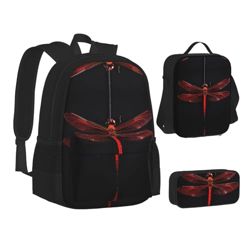 nanger Abstract Red Dragonfly Print 3-Piece Set Backpack, Lunch Bag And Pencil Case, For Travel, College, And Daily Use2
