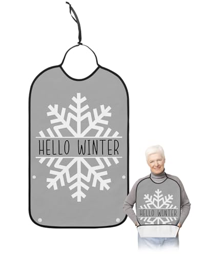 LEOKOTI Grey Snowflake Christmas Adult Bibs for Eating, Waterproof Bibs with Food Catcher & Adjustable Snap Closure, Hello Winter Snowflake Washable Clothing Protectors Adult Bibs for Elderly