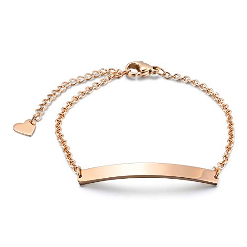 THREE KEYS JEWELRY Personalized Blank Engravable Bracelets for Women 316L Stainless Steel Bracelet Smaller Pendant Dainty Plated Rose Gold Initial Bar Charm Bracelet Silver Custom for Girls