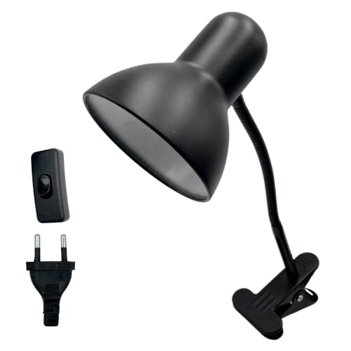 MAKA Lampada da Scrivania, Lampada con Pinza da Tavolo, Lampada Scrivania con Attacco E27, Braccio Regolabile, Protezione Occhi per Lettura, Ufficio, Studio, Nera