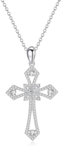 Christian Cross Moissanite Pendant Necklace for Women,D color VVS1 18K White Gold Plated S925 Sterling silver,five leaf clover Crucifix Pendant, Birthday Christmas Mother's Day Gift,18+2 Inch